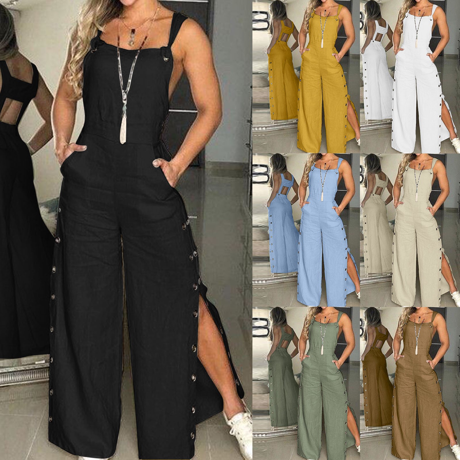 thumbnail image 3 of Pantalones sin mangas de algodón y lino con tirantes para mujer, con botones, corte holgado, bolsillos, informales para la playa, 3 of 6